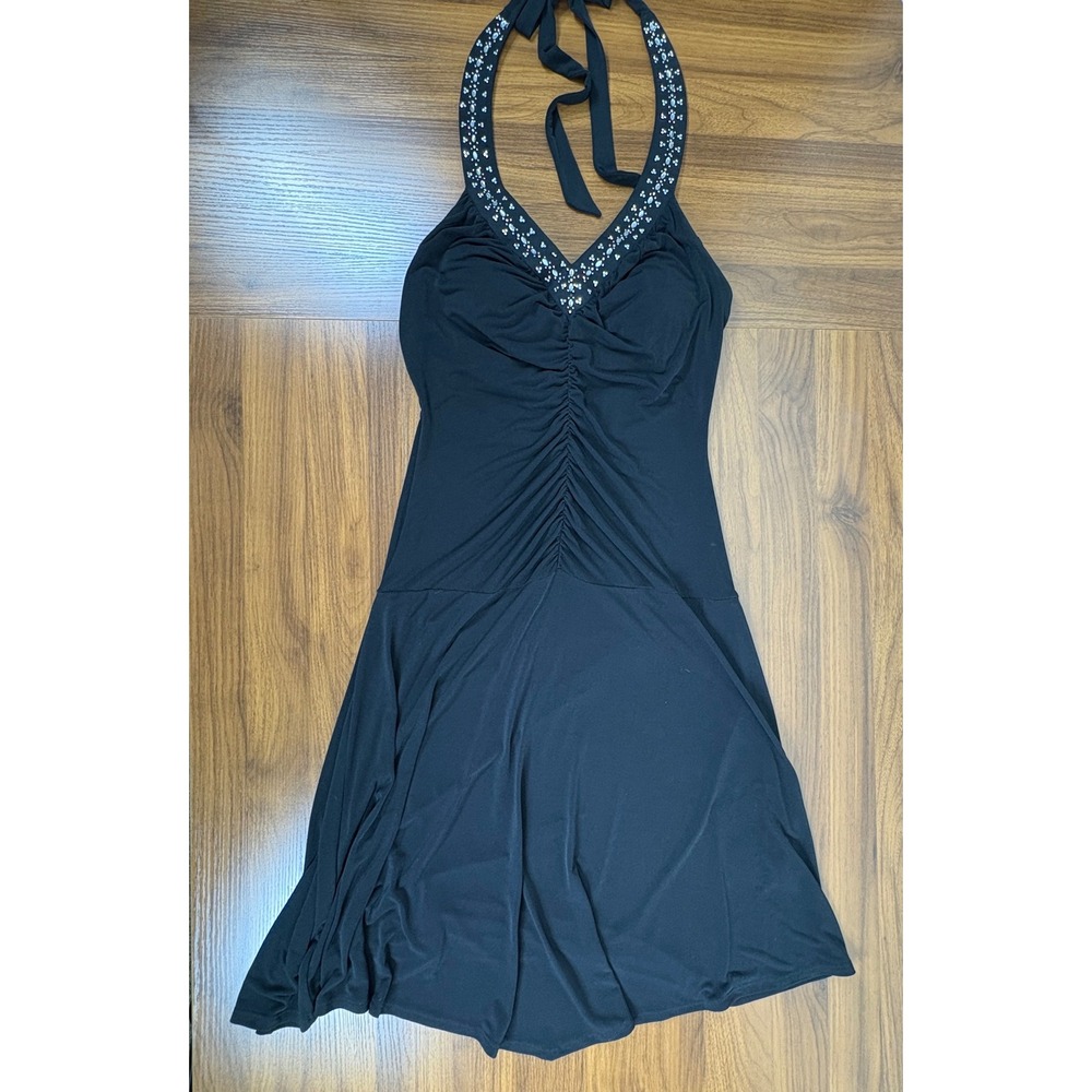 Sangria Black Halter Dress Rhinestone Embellished Ruched Party Cocktail Size 10